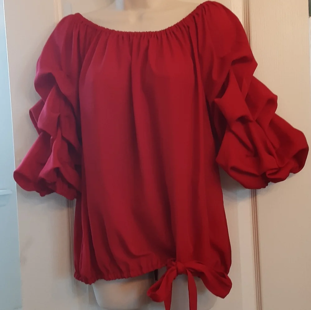 MSK Red Ruffle Sleeve Top - Picture 2 of 12